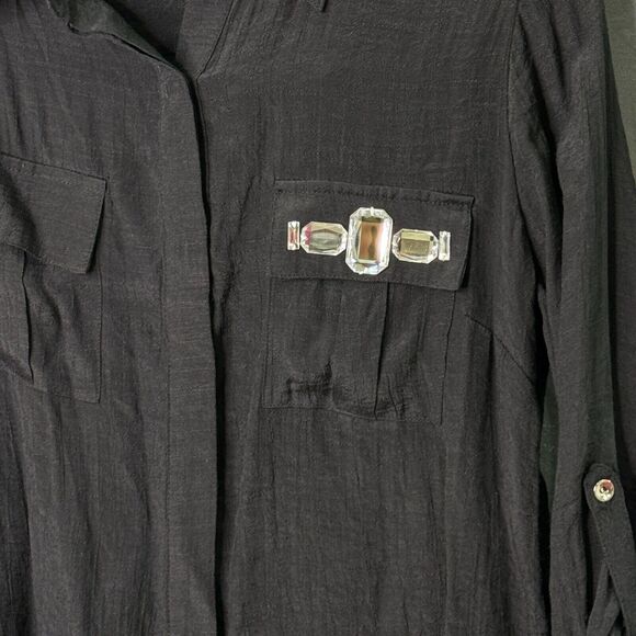Cocomo Womens‎ Petite L Sheer Black Button-Up Shirt Rhinestone Long Sleeve - Picture 2 of 12